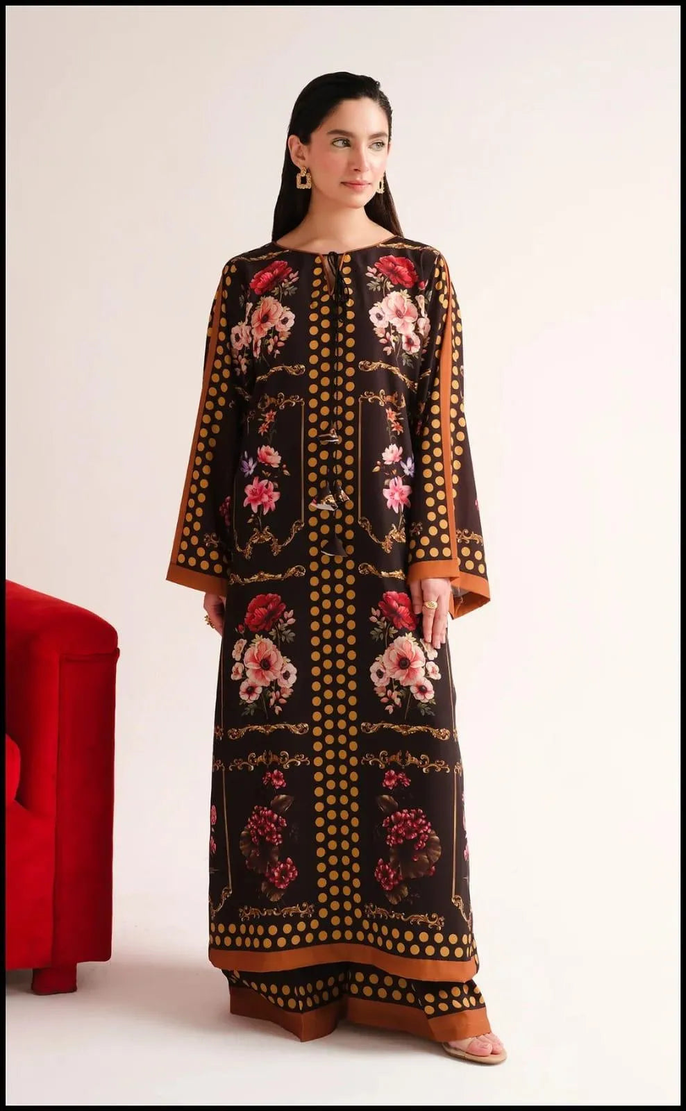 Front & Back Printed Long Shirt with Printed Flapper 2 Piece Set