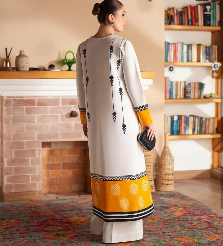 Premium Silk Printed Long Shirt Set White Yellow 2 Piece