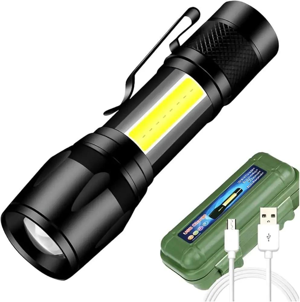 Rechargeable LED Torch Black Metal Waterproof