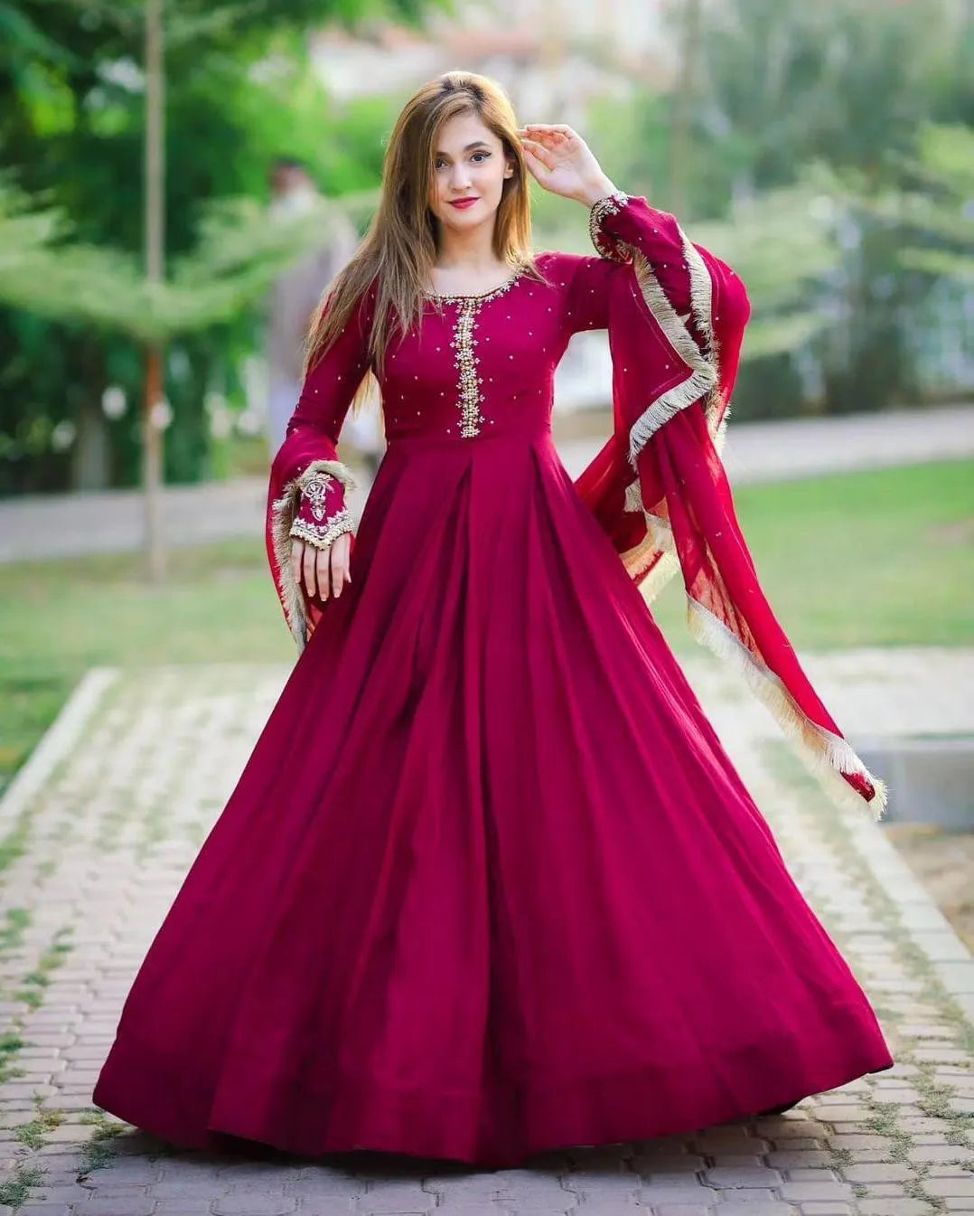 Maroon Chiffon Maxi Suit with Lace Dupatta