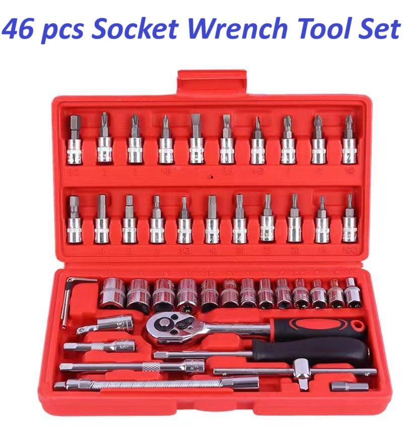 46-Piece Professional Socket Wrench Tool Set with Ratchet Handle, Sockets, Screwdriver Bits for Car, Motorcycle, Bicycle, Home Repair, Mechanical Work, Garage and DIY Maintenance Tasks, Portable Heavy-Duty Tool Kit