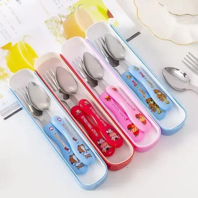 Portable Kids' Stainless Steel Cutlery Set – Ergonomic Cartoon Spoon and Fork with Slim-Fit Travel Storage Case for School Lunches, Picnics, and Toddler Self-Feeding