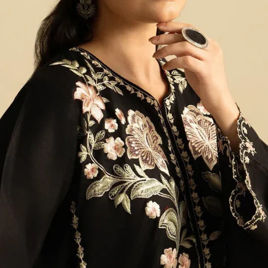 Batool 2-Piece Stitched Winter Suit – Black Cutwork Embroidered Cotton/Dhanak Set
