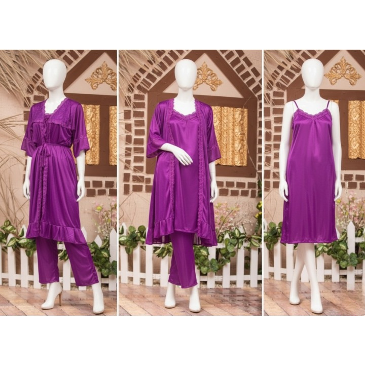 3-Piece Silk Nightwear Set for Women – Comfortable Nighty Set (Gown + Inner + Trouser) | Free Size Elegant Sleepwear