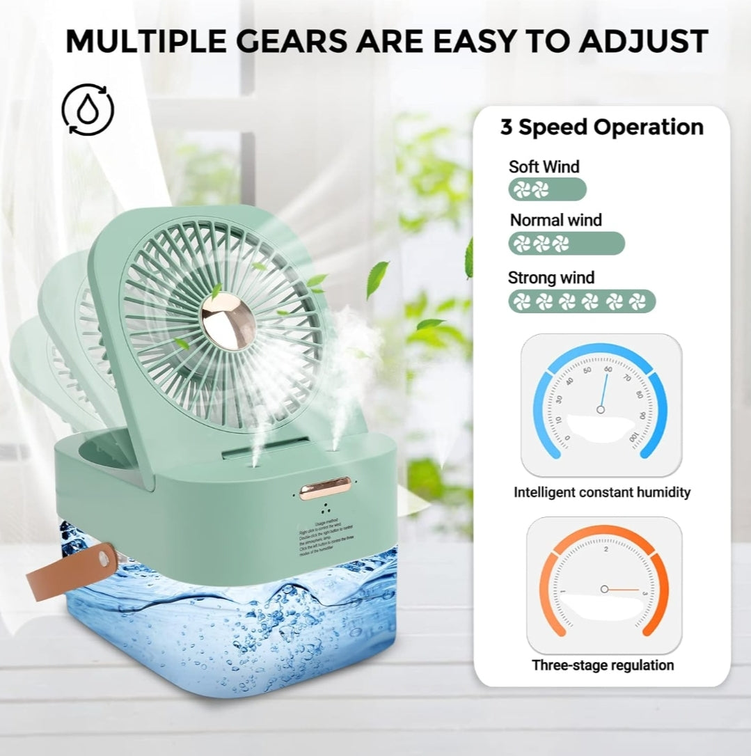 Remote Control-Mini Fan with Cool Mist, Portable Air Cooler, USB Table Fan, Desk Fan with 3 Wind Modes and Brightness Adjustment, Table Fan for Home, Office