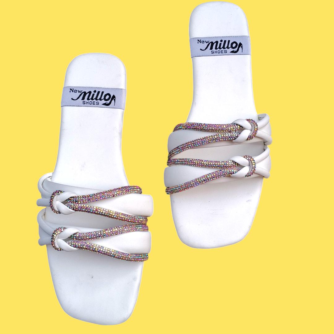 Women Satin Rhinestone Flats White Casual Formal