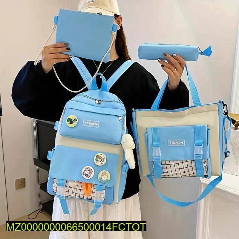 Blue Beige Nylon Student Backpack with Luggage Bag
