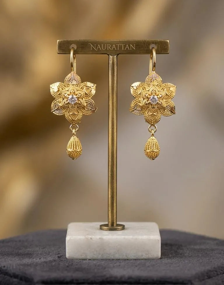 Gold Plated Floral Earrings with Teardrop Design