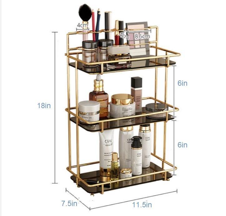 Golden Makeup Organizer with Black Glass Shelves - 3 Layers