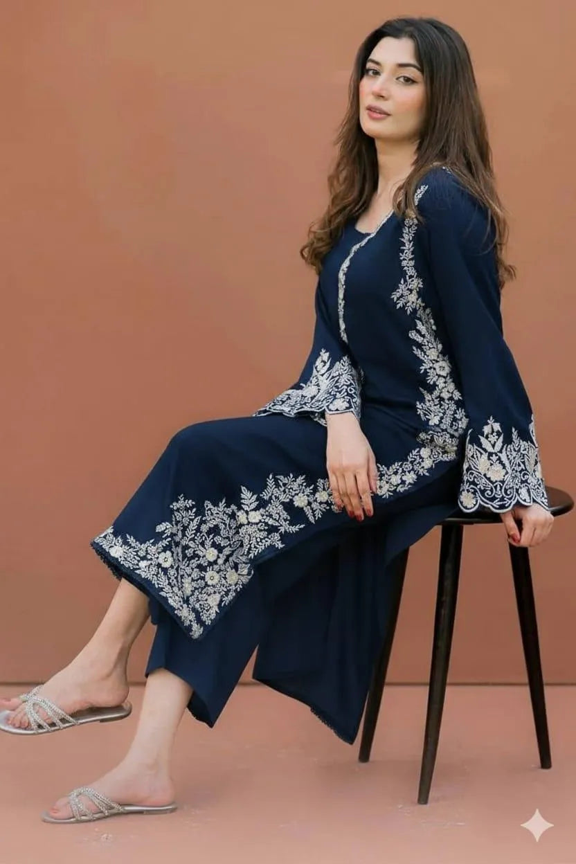 Women Embroidered Lawn Suit Navy Blue Wedding Eid Festive