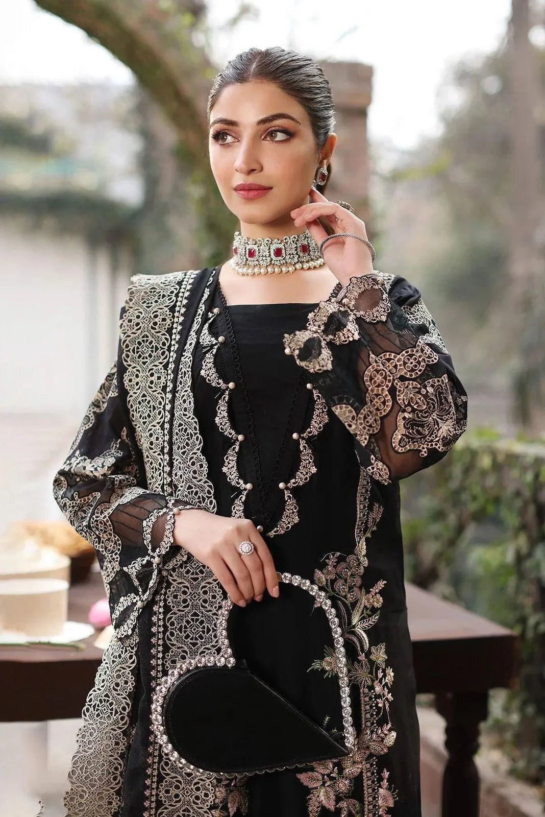 Black Embroidered Pajama Set for Women