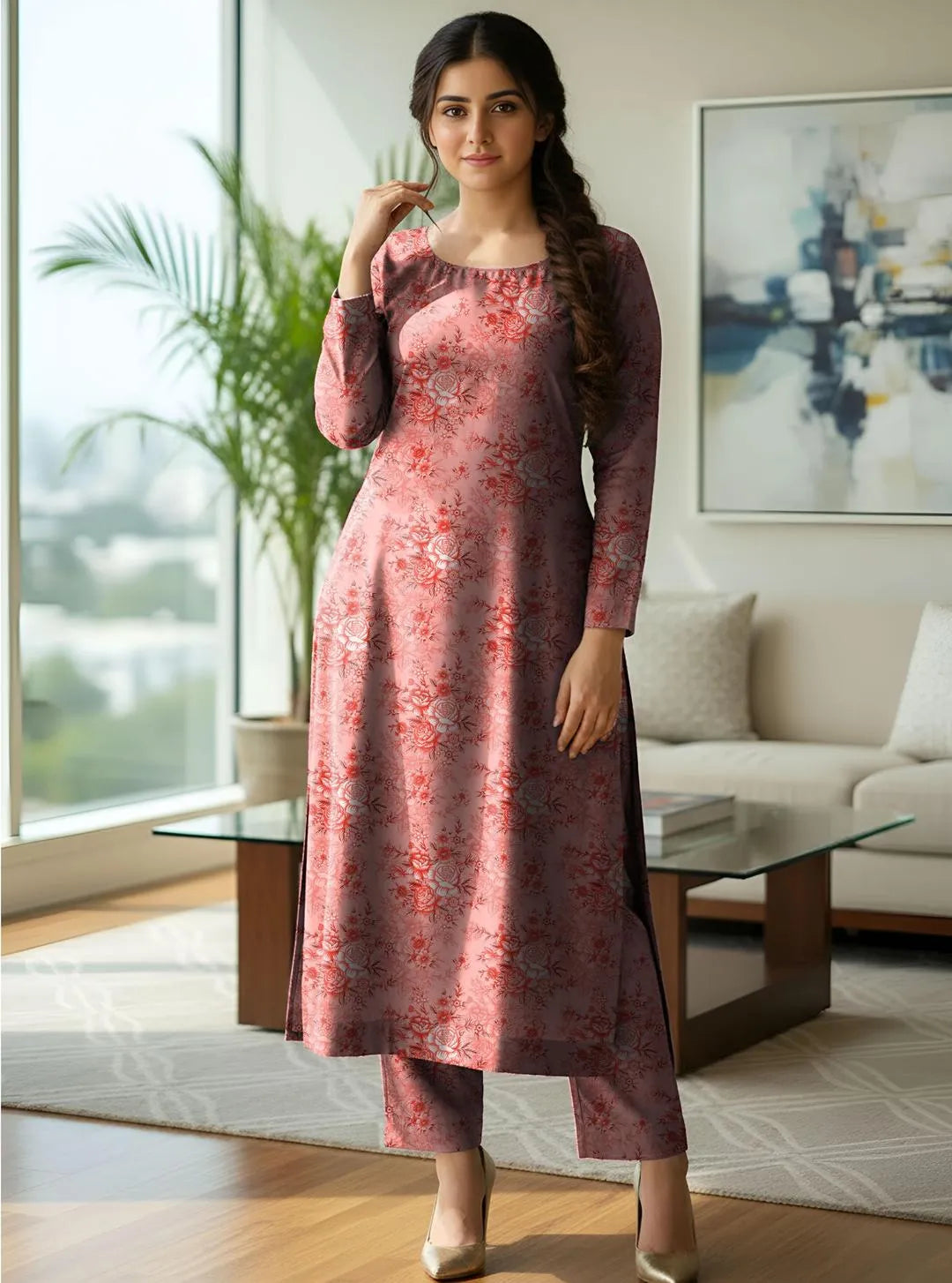 Pakistani Embroidered Long Sleeve Kurta in Peach
