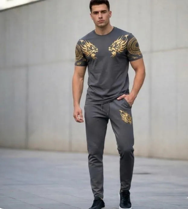 Men's Lion Print Fleece Track Suit 2Pcs