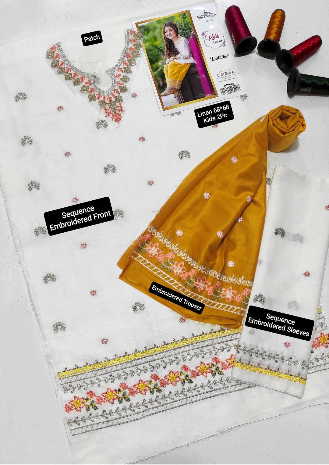 Linen 2-Piece Suit for Girls White Embroidered Set