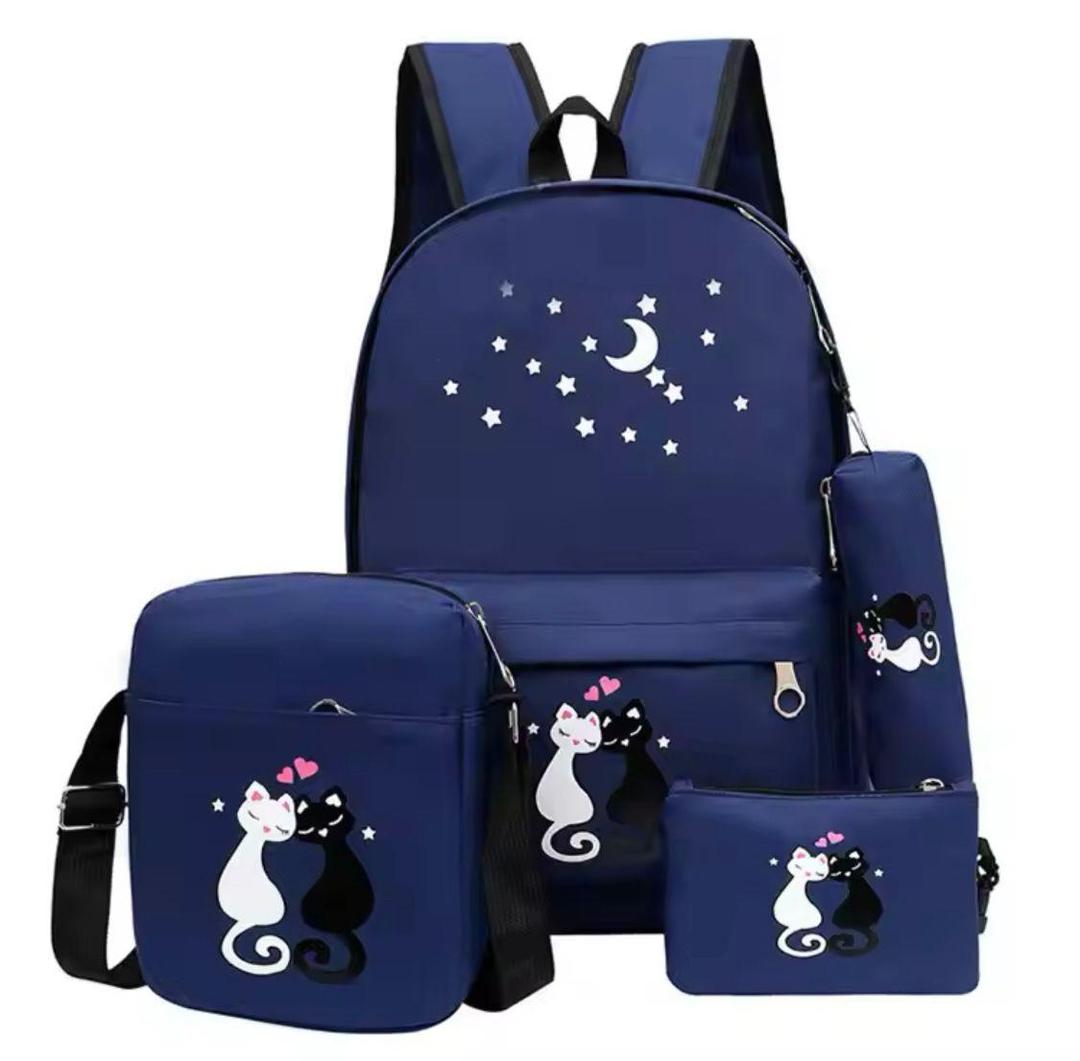 Cute Cat Print 4-Piece Backpack Set for Students