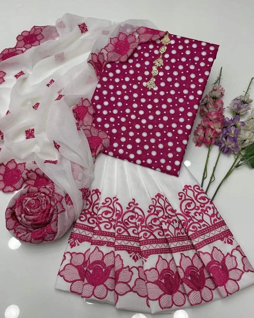 Pink Digital Print Lawn Shirt with Embroidered Cotton Trouser & Chiffon Dupatta
