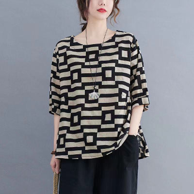 Plus Size Women T-Shirt Black/Khaki Plaid Summer Slim Fit