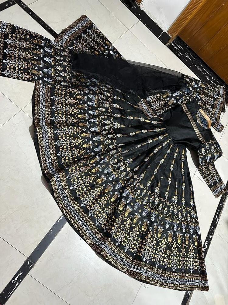 Black Katan Silk Digital Print Maxi Suit Set for Eid