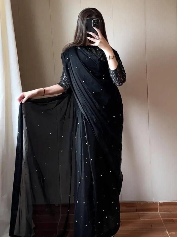 Black Chiffon Saree with Sequins and Pearls for Wedding