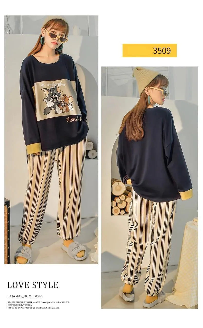 Women Printed night suits Black stripe jersey